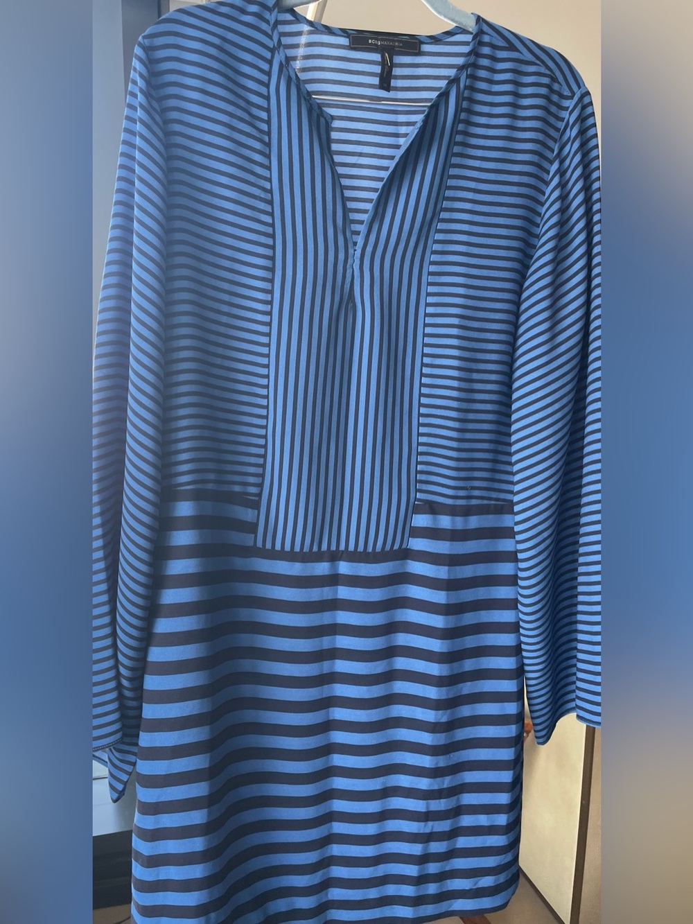 BCBGMaxAzria Light Blue and Navy Striped dress with bell sleeves